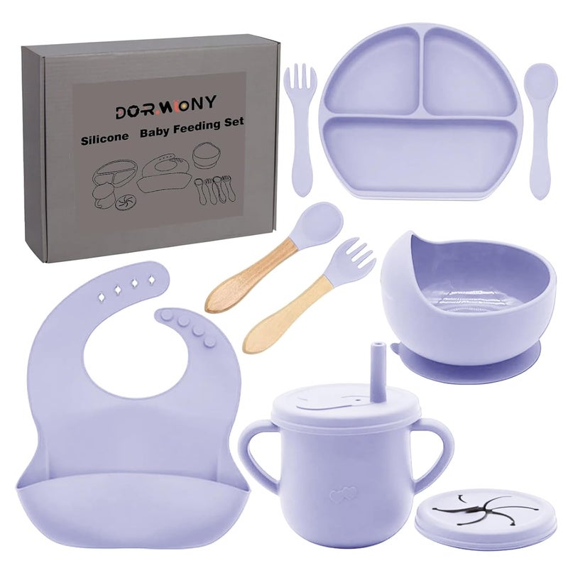 Dormlony 100% Silicone Baby Feeding Set,BPA Free Baby Dishes Set with Suction Bowl Divided Plate,Toddler Self Feeding Dish Set with Spoons Forks Sippy Cup and Bib, Baby Eating Utensils(Purple) - Image 1